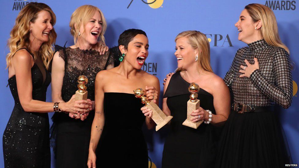 Actresses from Big Little Lies celebrate at the Golden Globe Awards.