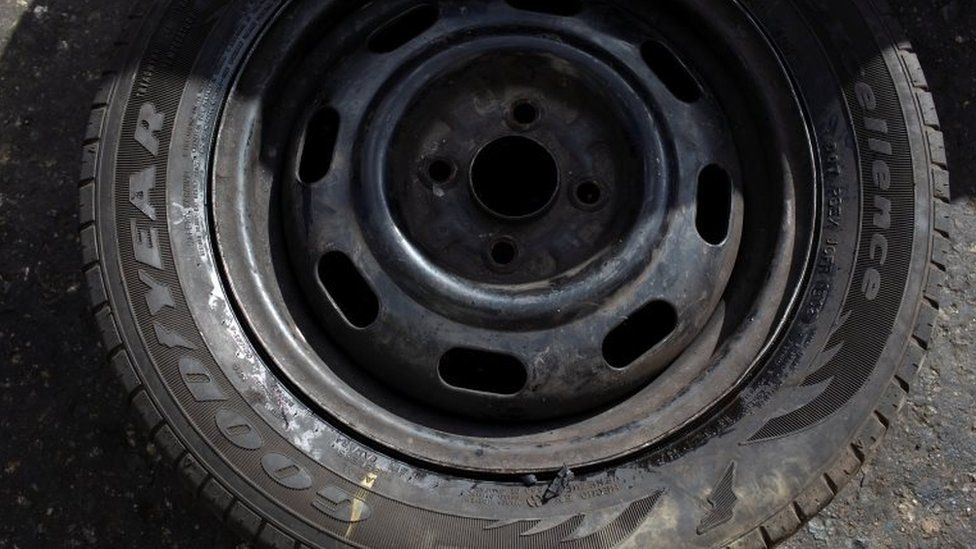 A Goodyear tire at a workshop in Caracas, Venezuela. Photo: 10 December 2018