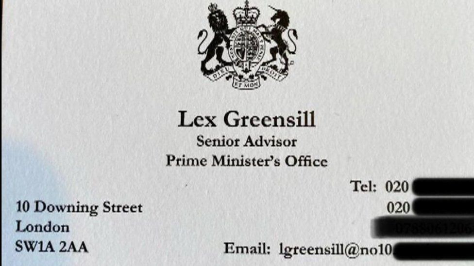 Business card with 10 Downing Street address and logo