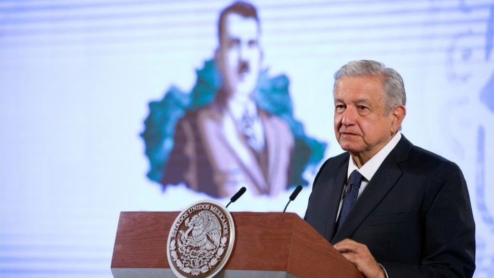 A handout photo made available by the Mexican Presidency shows President Andres Manuel Lopez Obrador during his morning press conference at the National Palace in Mexico City, Mexico, 19 October 2020.