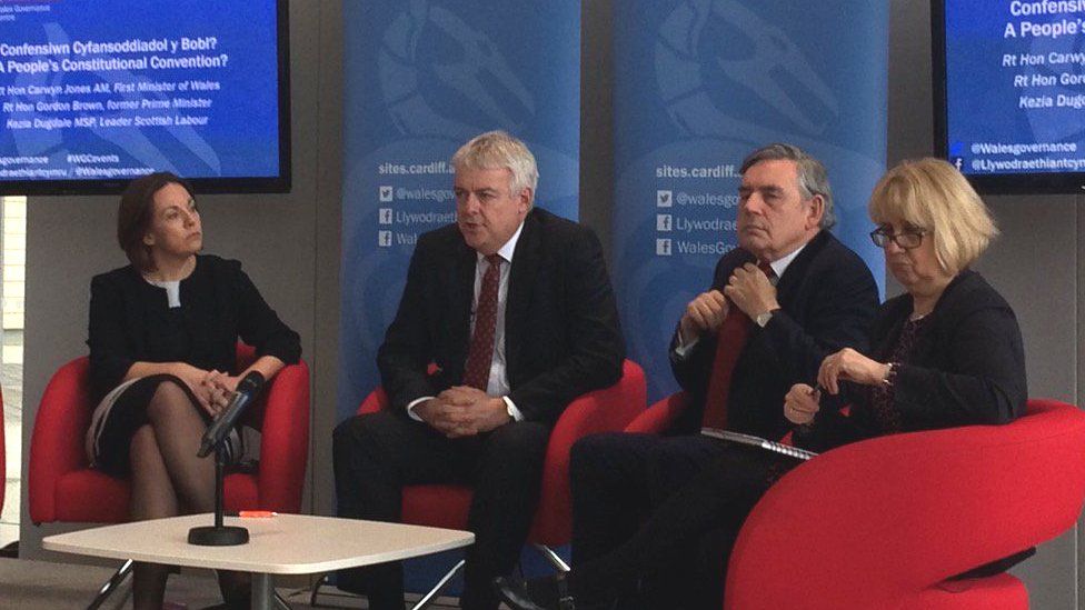 Kezia Dugdale, Carwyn Jones and Gordon Brown at constitutional convention meeting