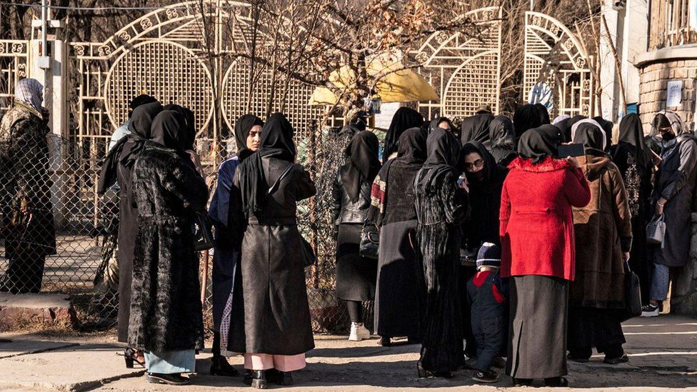 Female students outside the Kabul University campus