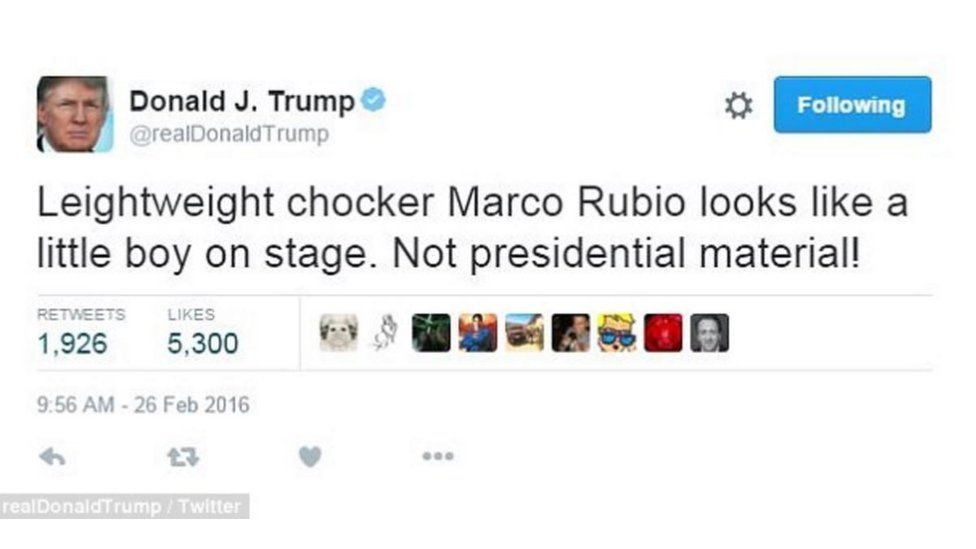 Tweet by Donald Trump reading: "Leightweight chicker Marco Rubio looks like a little boy on stage. Not presidential material!"