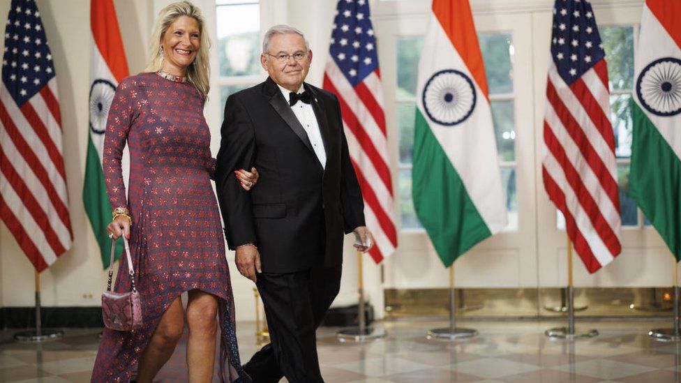 Senator Robert Menendez, a Democrat from New Jersey, right, and Nadine Menendez arrive to attend a state dinner in honor of Indian Prime Minister Narendra Modi hosted by US President Joe Biden and First Lady Jill Biden at the White House in Washington, DC, US, on Thursday, June 22, 2023