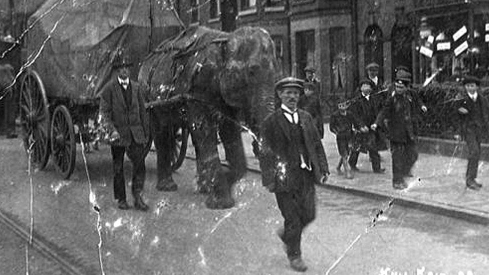 Men walking down the street leading an elephant in a procession