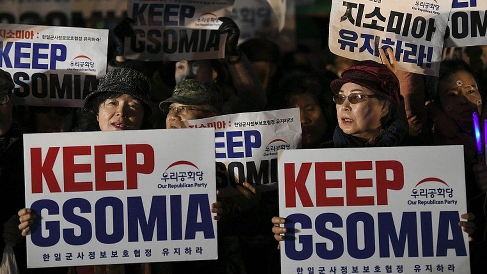 Protesters demand an extension of the intelligence-sharing pact in front of the US embassy in Seoul on November 22, 2019