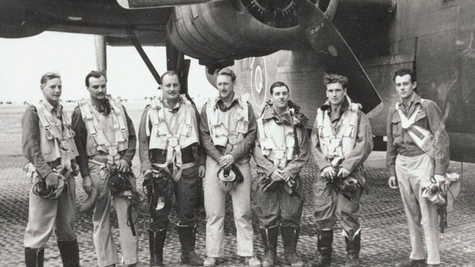 Jim Auton (second left) with aircrew in front of a B-24