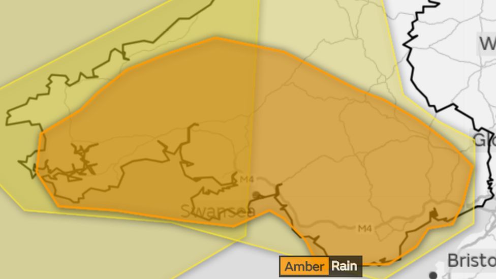 Map showing the amber warning across most of southern Wales