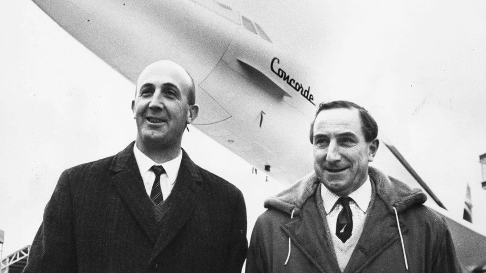 Test pilot Brian Trubshaw (right), British Corporation Chief pilot, with Andre Turcat, French Sud Aviation Chief Test Pilot,