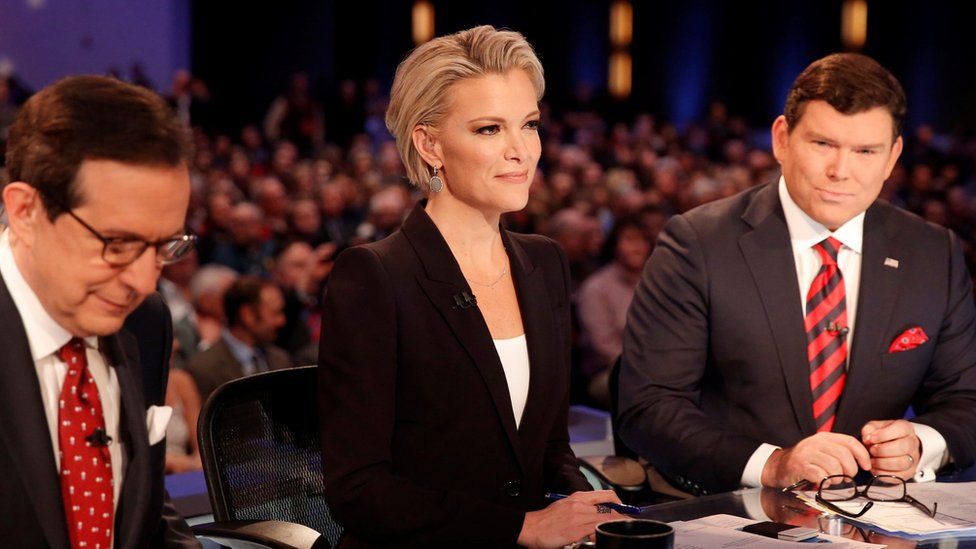 Fox News Channel anchors and debate moderators (L-R) Chris Wallace, Megyn Kelly and Bret Baier begin the Fox News debate for the top 2016 U.S. Republican presidential candidates in Des Moines, Iowa, in this file photo taken January 28, 2016