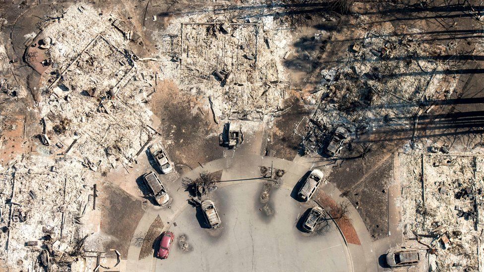In this aerial view, a burned neighbourhood is seen in Santa Rosa, California