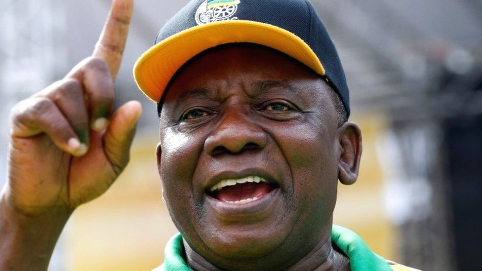 South Africa"s Deputy President Cyril Ramaphosa gestures at an election rally of the ruling African National Congress