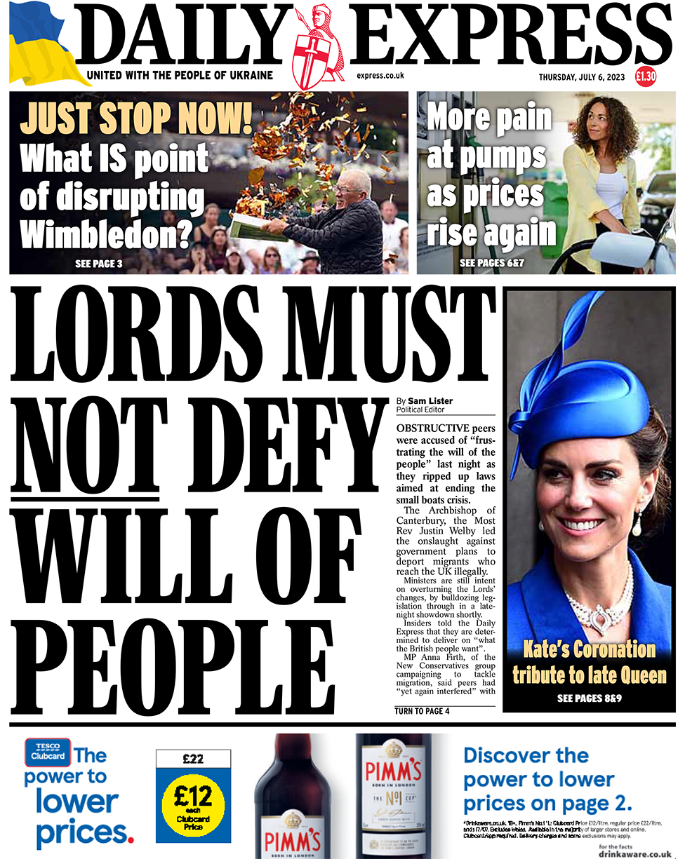 The headline on the front page of the Daily Express reads: "Lords must not defy will of people"