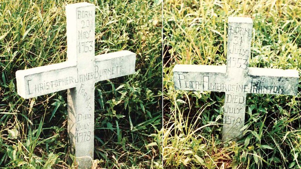 The graves of Chris Farmer and Peta Frampton in a photo from 1984