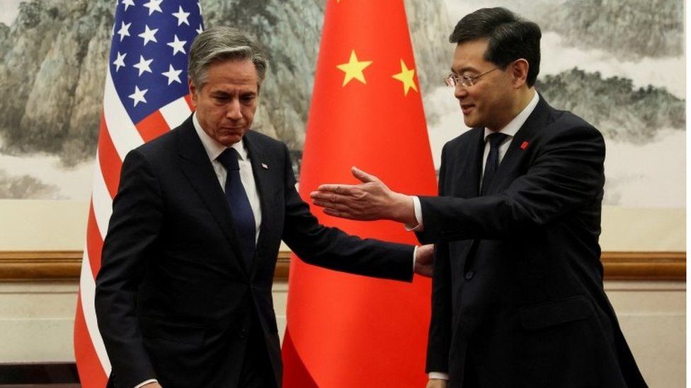U.S. Secretary of State Antony Blinken meets with China"s Foreign Minister Qin Gang at the Diaoyutai State Guesthouse in Beijing, China, June 18, 2023