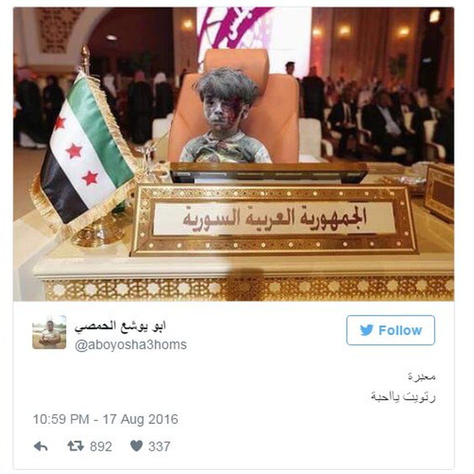 Doctored image showing injured Syrian boy sitting at empty seat of Syria at Arab League meeting (17 August 2016)