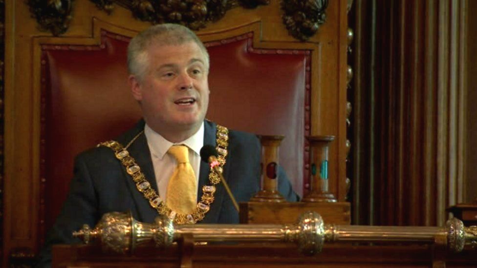 Lord mayor Michael Long addresses councillors at May's council meeting