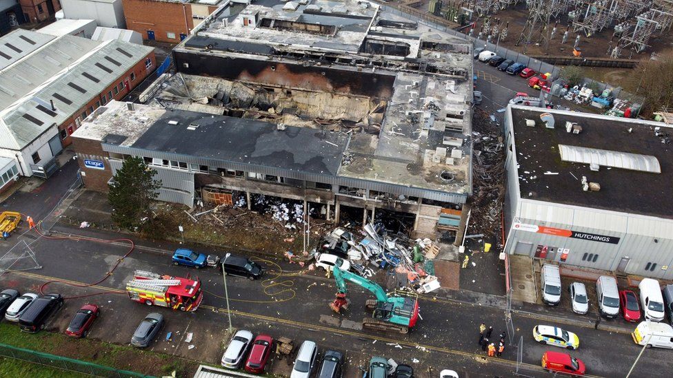 Aftermath of explosion on Treforest Industrial Estate