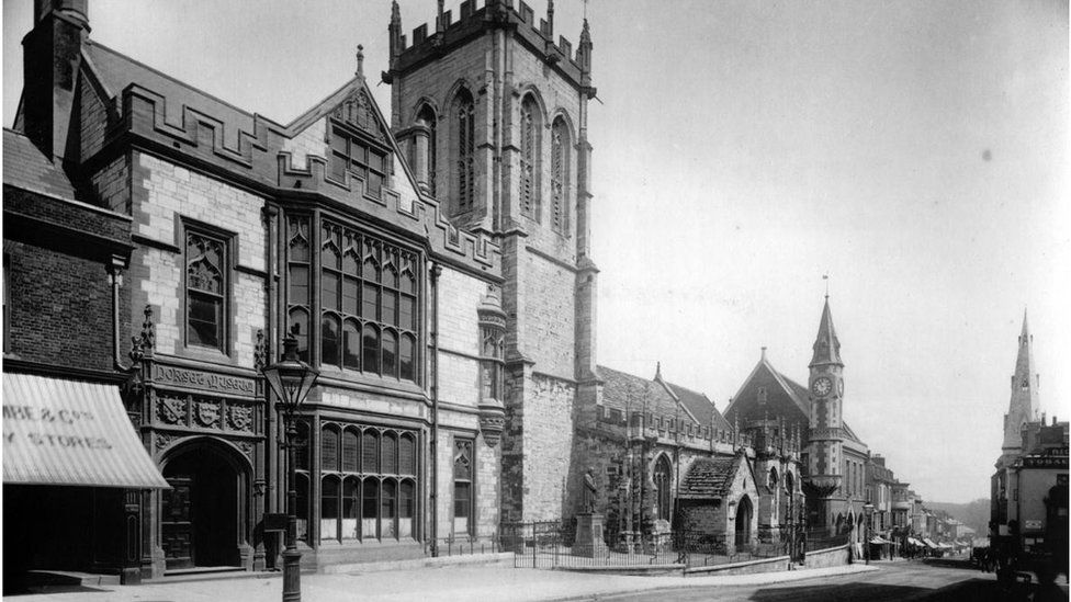 Black and white exterior photo of Dorset Museum in 1883