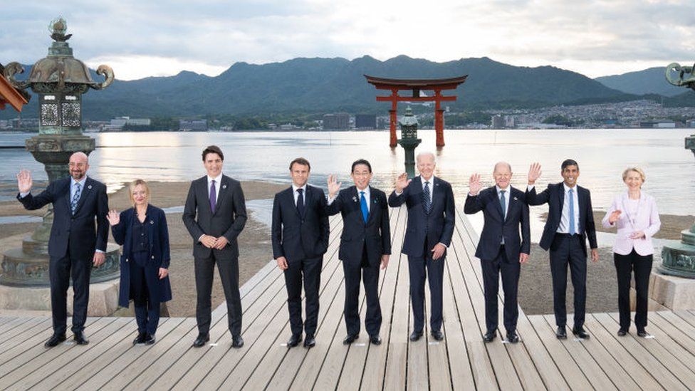 G7 leaders pose for the family photo at the Itsukushima Shrine in Hiroshima