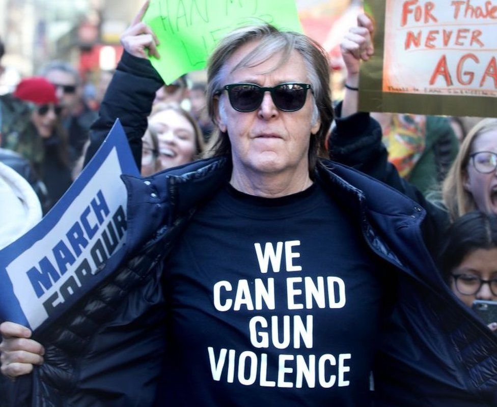 McCartney at the gun control protest, sporting a 'We can end gun violence' t-shirt