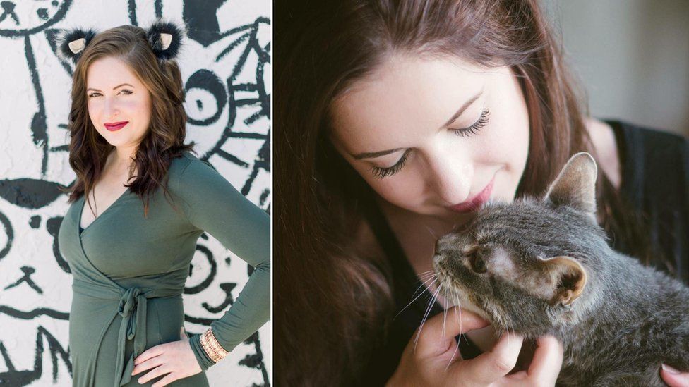 Side-by-side shot of Elizabeth posing with cat-background in ears and with a cat on the right