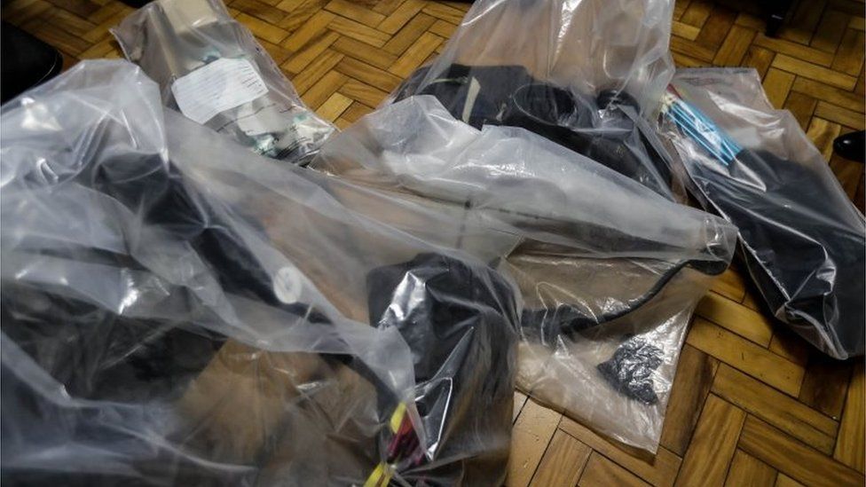 Photograph of weapons seized from Guilherme Taucci Monteiro and Luiz Henrique de Castro, authors of a massacre at a school in Sao Paulo, Brazil, 13 March 2019