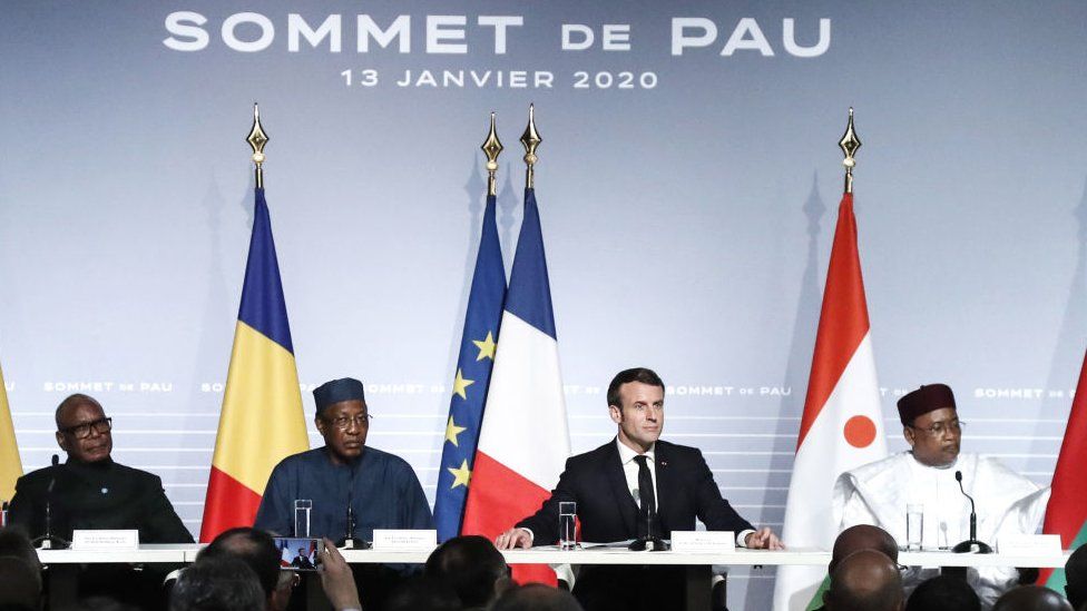 Leaders attend a press conference as part of the G5 Sahel summit on the situation in the Sahel region at the Chateau de Pau (Pau Castle) in Pau, on January 13, 2020