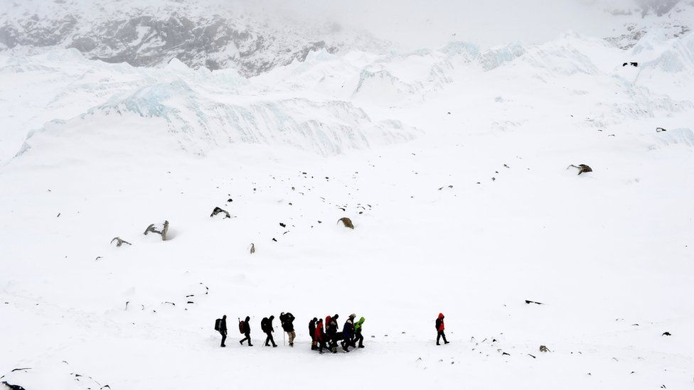 Rescuers carry a Sherpa injured by an avalanche that hit Everest Base Camp in Nepal's earthquake, in a picture taken on 25 April 2015