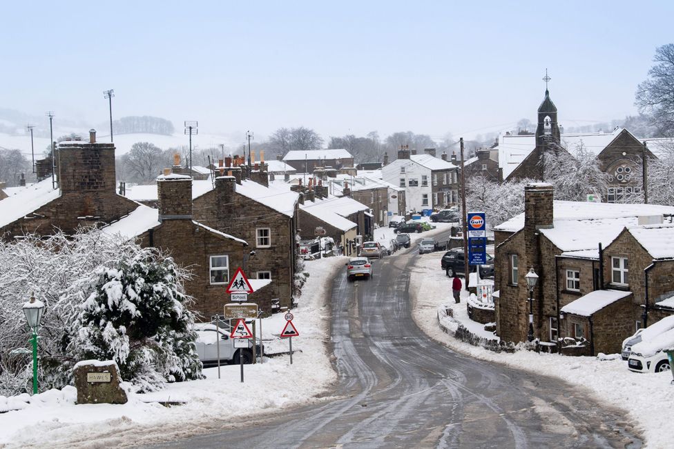 A snowy street in the town of Hawes in the Yorkshire Dales