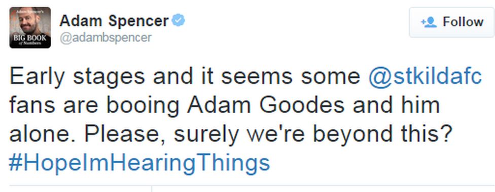 A Twitter screenshot of Adam Spencer commenting on Adam Goodes booing
