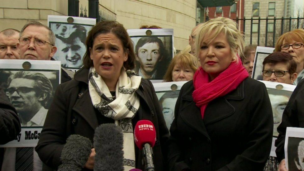 Mary Lou MacDonald with Michelle O'Neill outside Laganside Courts
