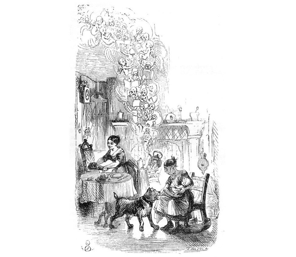 Illustration of The Song of the Kettle by John Leech from The Cricket on the Hearth