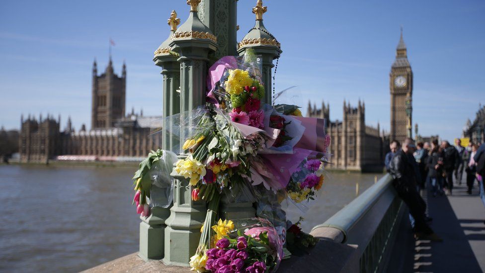 Floral tributes on Westminster Bridge