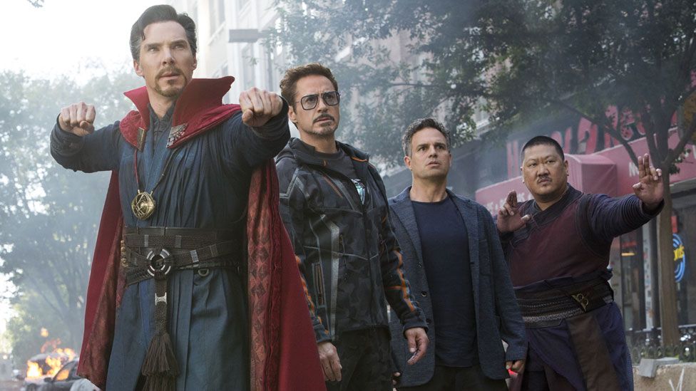 Benedict Cumberbatch, Robert Downey Jr, Mark Ruffalo and Benedict Wong in Avengers: Infinity War