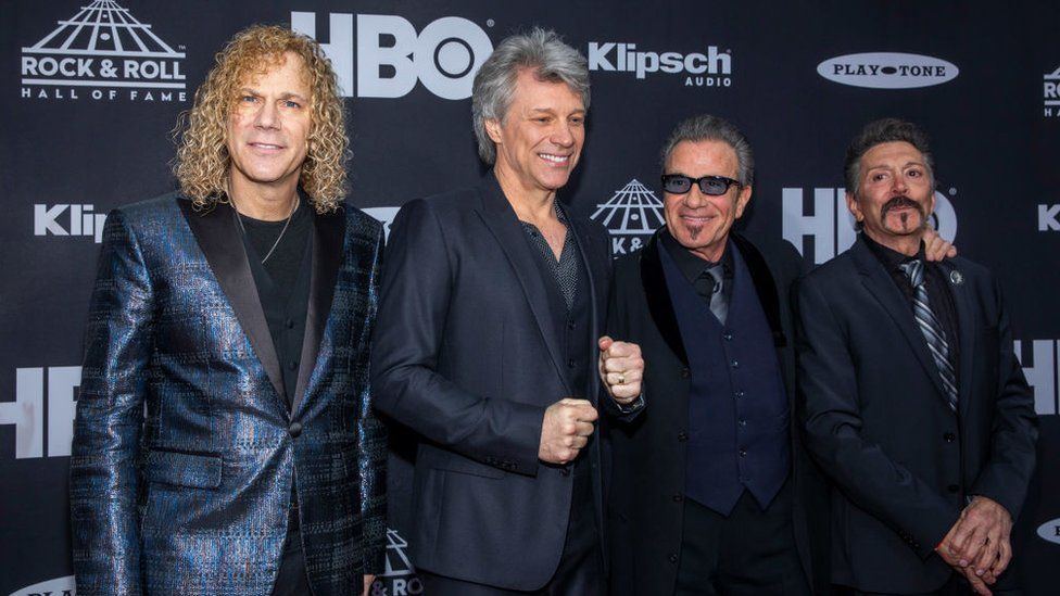 Inductees David Bryan, Jon Bon Jovi, Tico Torres, Alec John Such and Richie Sambora of Bon Jovi attend the 33rd Annual Rock & Roll Hall of Fame Induction Ceremony at Public Auditorium on April 14, 2018 in Cleveland, Ohio.