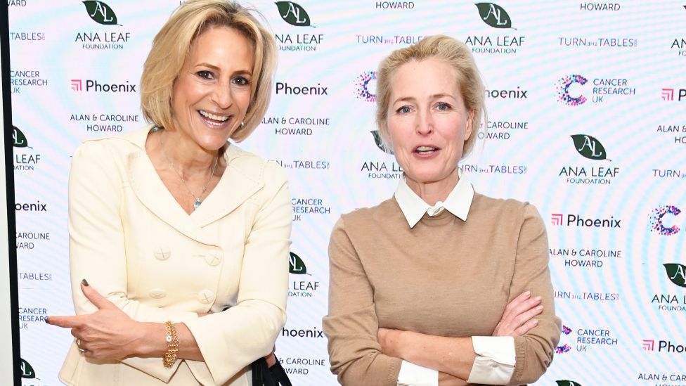 Emily Maitlis and Gillian Anderson attend Turn The Tables 2023 hosted by Tania Bryer and James Landale in aid of Cancer Research UK at BAFTA 195 Piccadilly on March 6, 2023 in London, England.