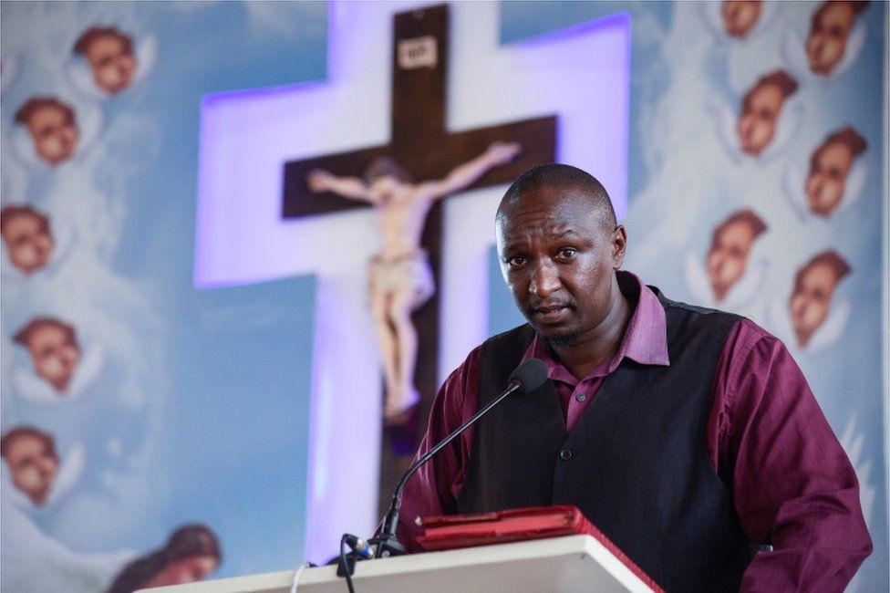 Alex Niyonzima, a survivor of the capsized cruise boat in Lake Victoria, speaks his ordeal during a funeral service of his friend who were also on the boat at Our Lady of Mount Carmel church in Kampala, Uganda -26 November 2018