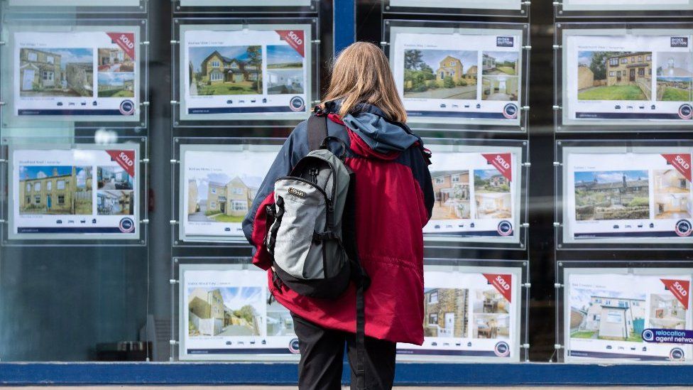 Woman looking successful  property  agent's window