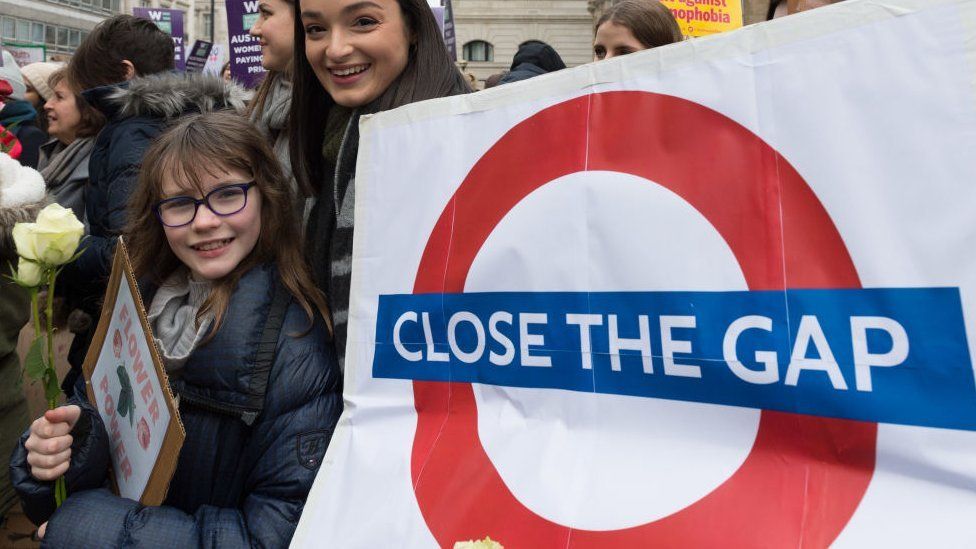 Women gather in London in a protest against violence, sexual harassment, the gender pay gap and economic discrimination.