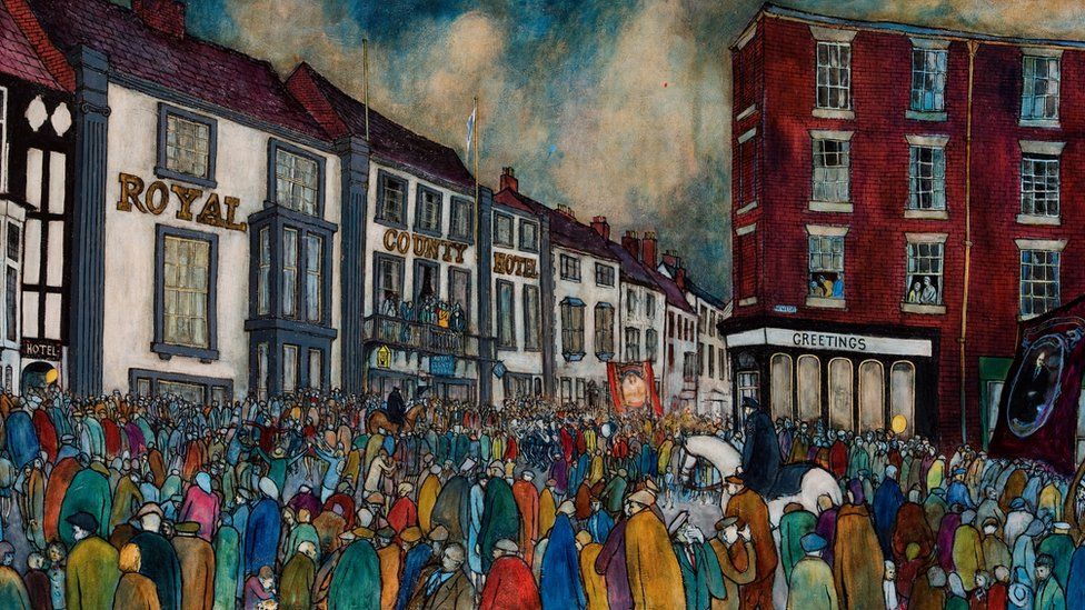 Colourful painting of a large crowd of people outside the Royal County Hotel in Durham