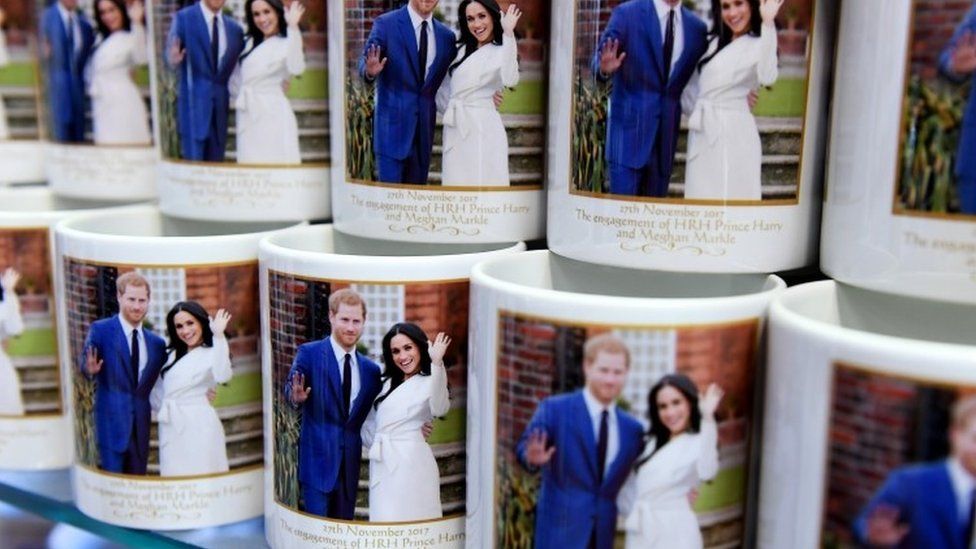 Mugs marking the wedding of Britain's Prince Harry and his fiancee Meghan Markle are on display at a souvenir shop in London,