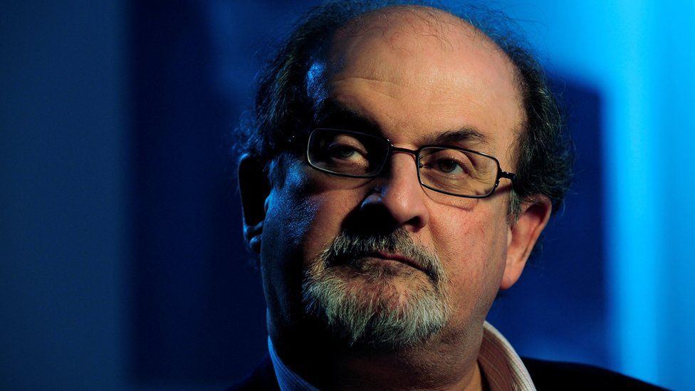 Sir Salman Rushdie pictured on stage