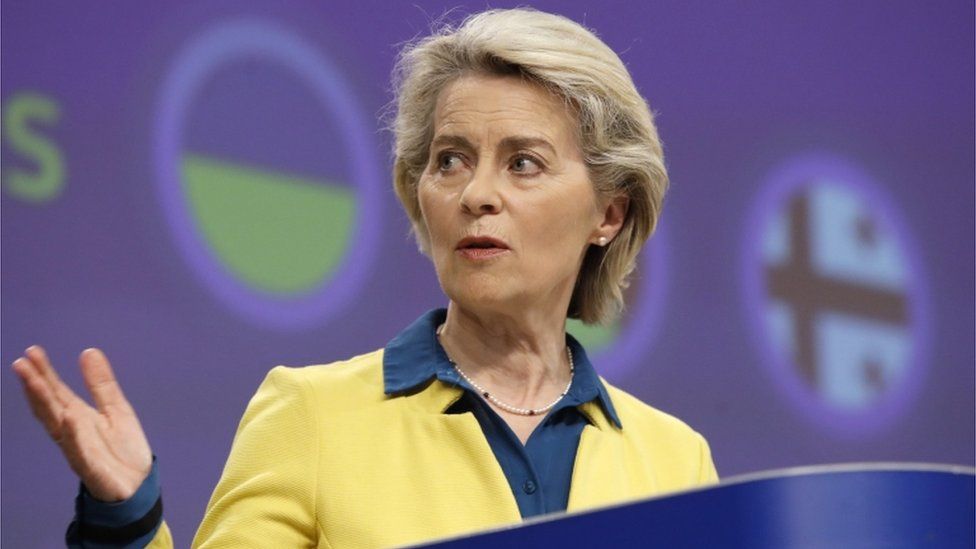 European Commission President Ursula von der Leyen gives a press conference on the Commission"s opinions on the EU membership applications by Ukraine, Moldova and Georgia in Brussels, Belgium, 17 June 2022