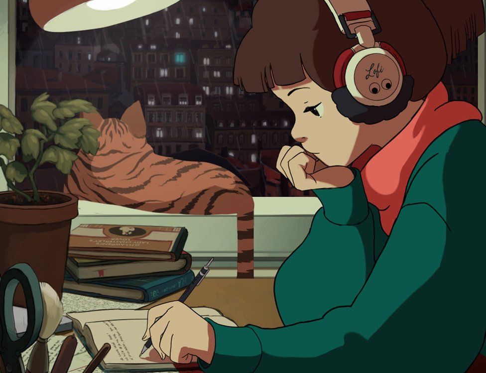 An anime-style drawing of a girl studying