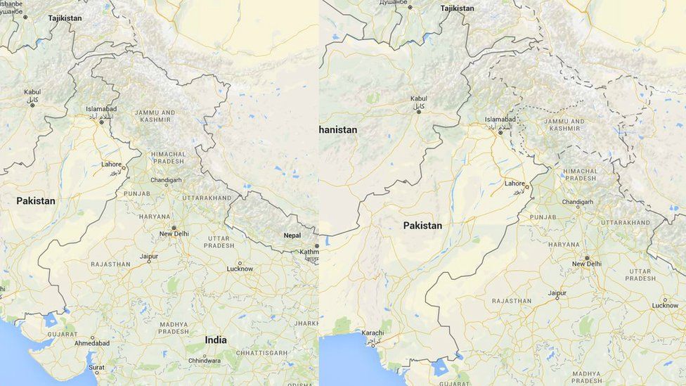 Two versions of Google Maps showing India, one with dotted lines around Kashmir, and one without