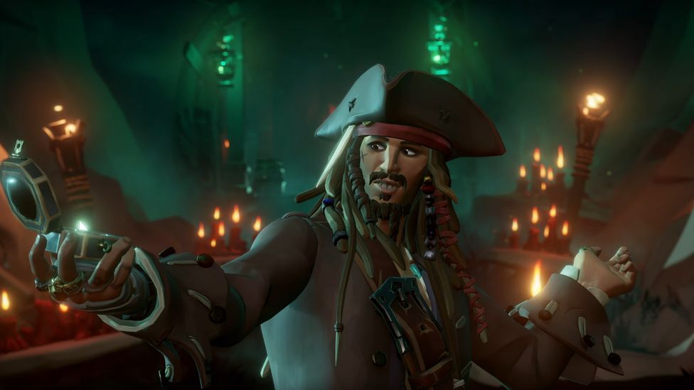 An animated version of Captain Jack Sparrow in the Sea of Thieves game