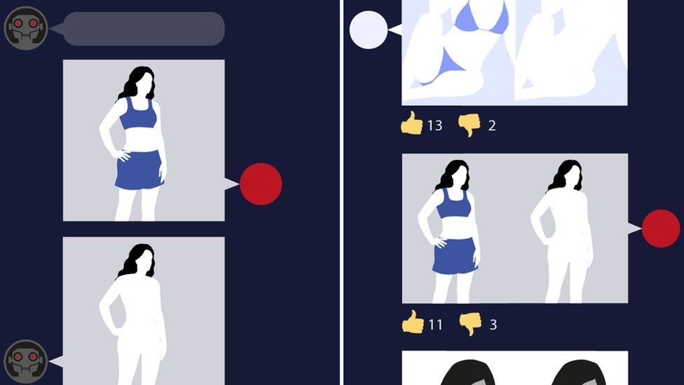 A composite of illustrations shows outlines of women's bodies in flat white colours, with blue swimwear, tops and skirts being removed in a messaging conversation with a bot