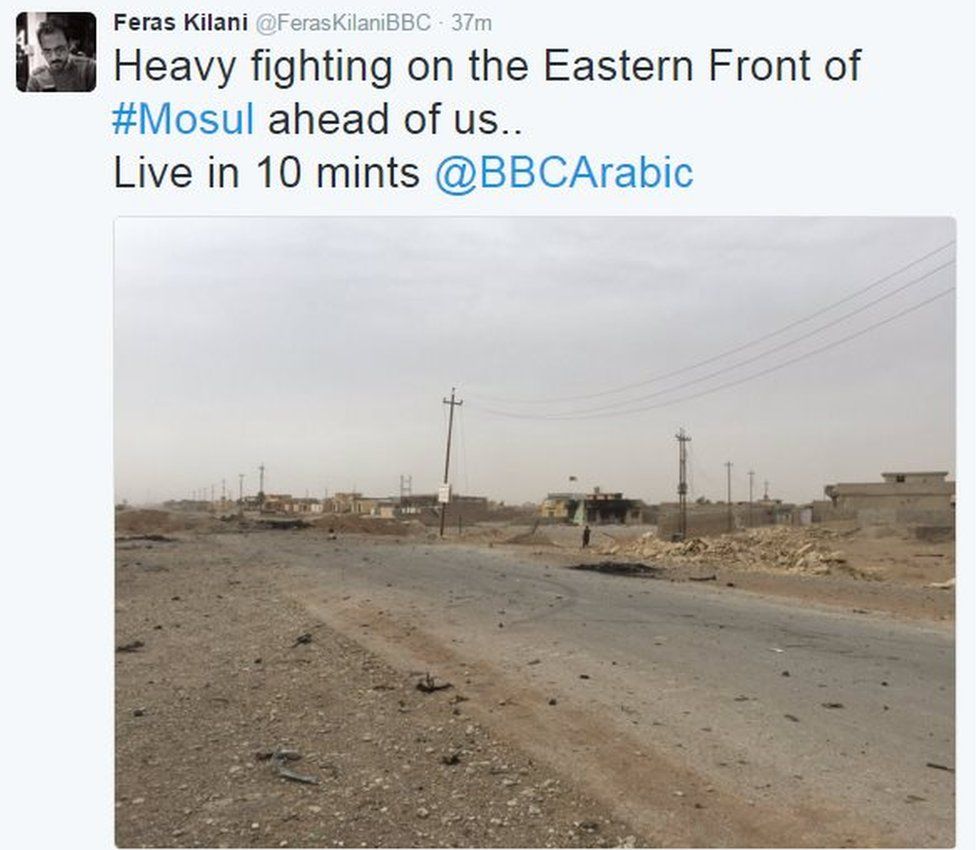 Tweet from Feras Kilani says: Heavy fighting on the Eastern Front of #Mosul ahead of us