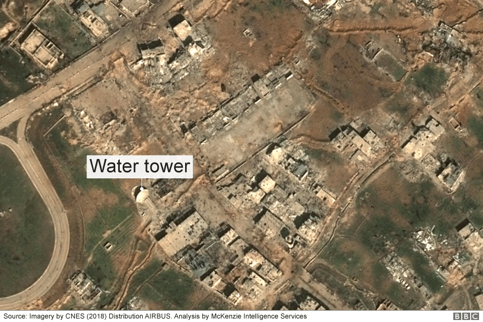 Satellite image of a damaged water tower in the Eastern Ghouta, Syria